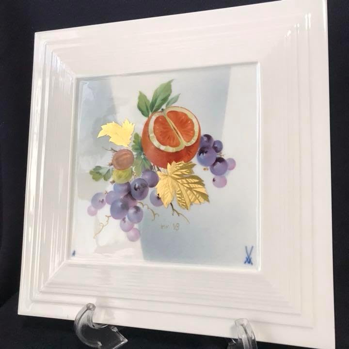 マイセン額装プラークフルーツ金彩アトリエA ヴィンテージ大型陶板壁掛